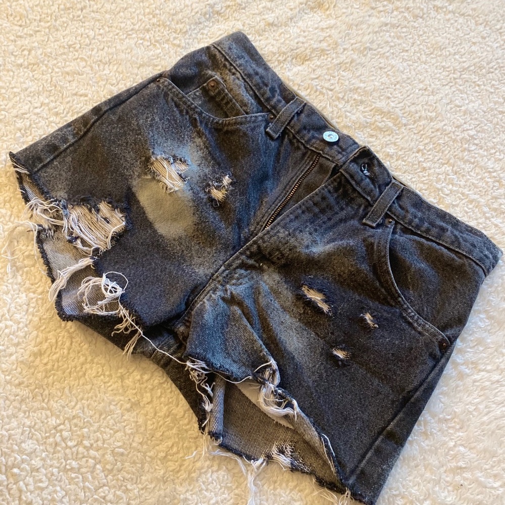Distressed black denim shorts